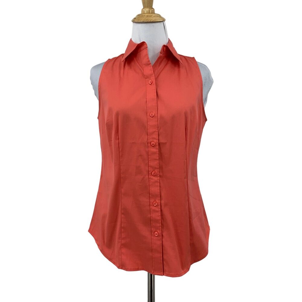 Ann Taylor Top Womens 2 Coral Sleeveless Button Up Fitted Tailored Shirttail Hem